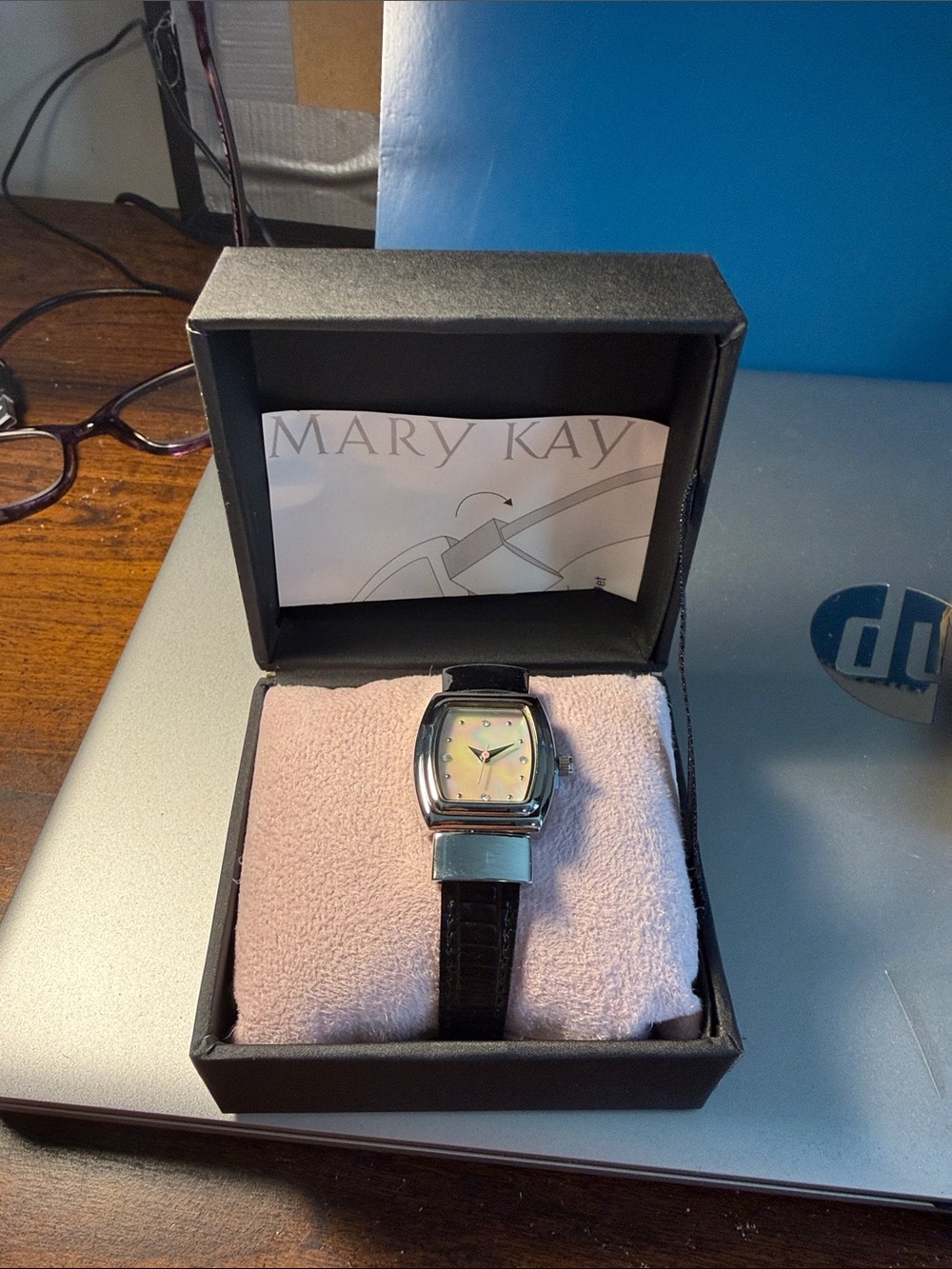 Mary Kay Black Leather Strap Watch with Iridescent/White Dial